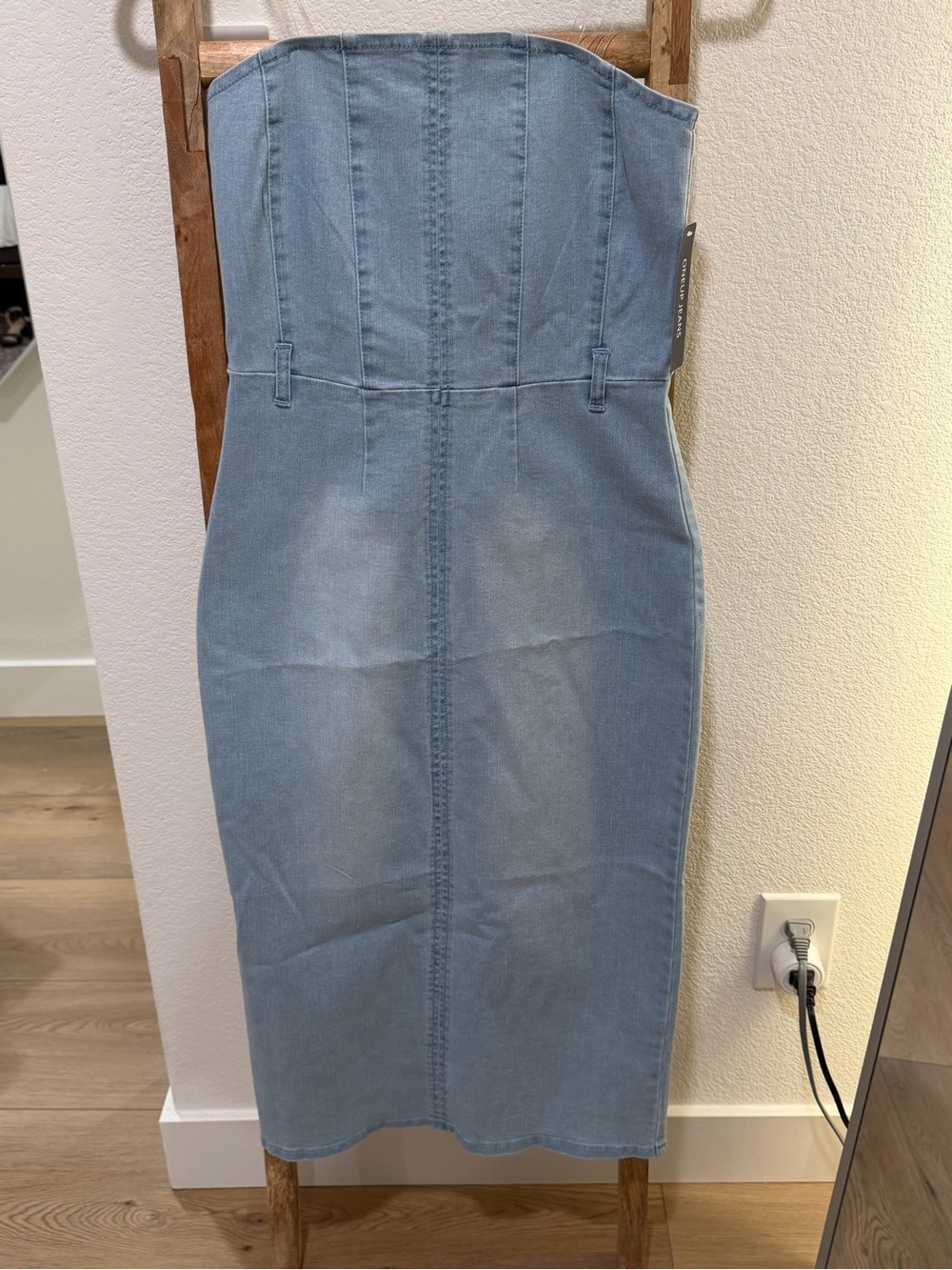 Strapless Light Blue Denim Midi Dress